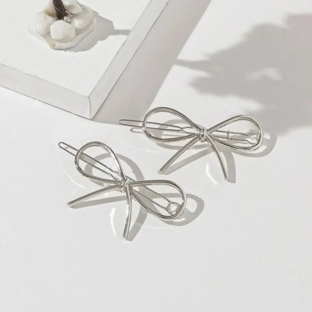 NEW Silver Bow Shaped Metal Hair Clips Bobby Pins Barrettes Set‎ of 2